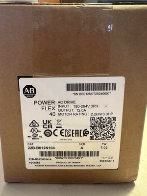 Allen Bradley Power Flex 40 AC Drive, 22B-B012N104 Series A, 3HP. Sealed NIB.