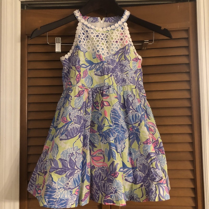 Lilly Pulitzer Girls Little Kinley Dress Fit Flare Blue/green Shell Out Sz 6