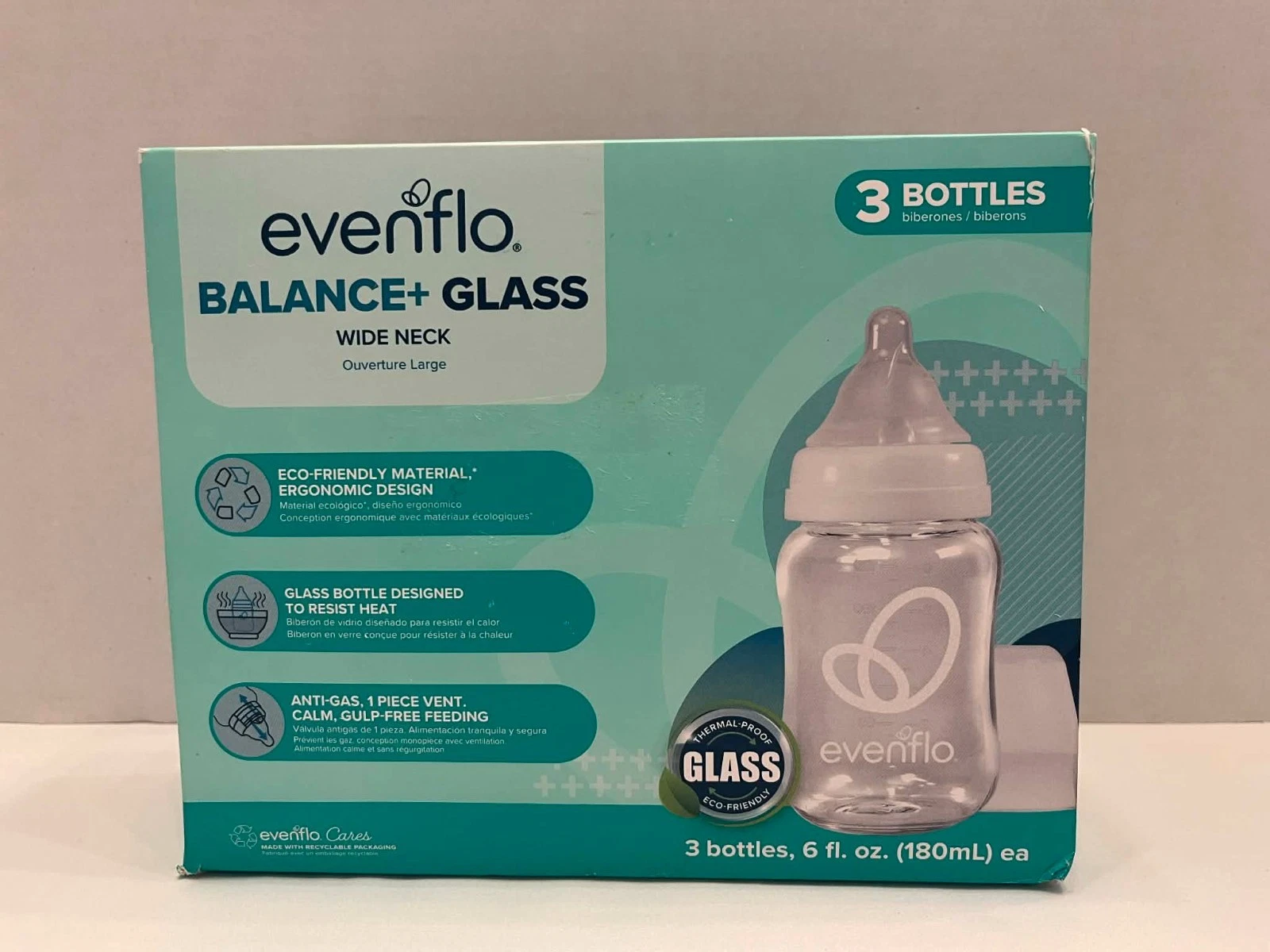 Evenflo Balance Glass Baby Bottles Wide Neck Anti-Colic 6oz 3pk Feeding See Pics