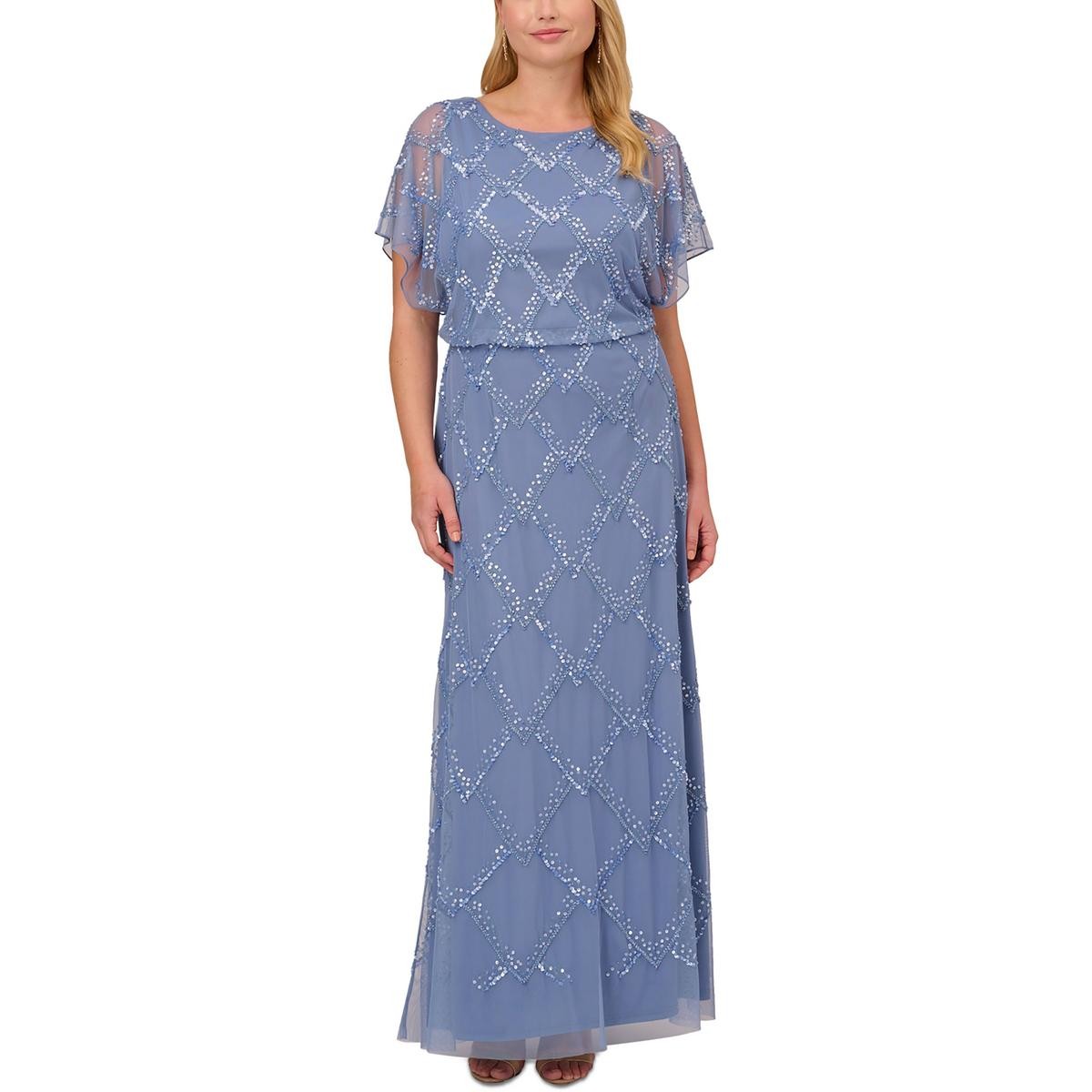 Adrianna Papell Женское синее сетчатое официальное вечернее платье Gown Plus 16W BHFO 1606