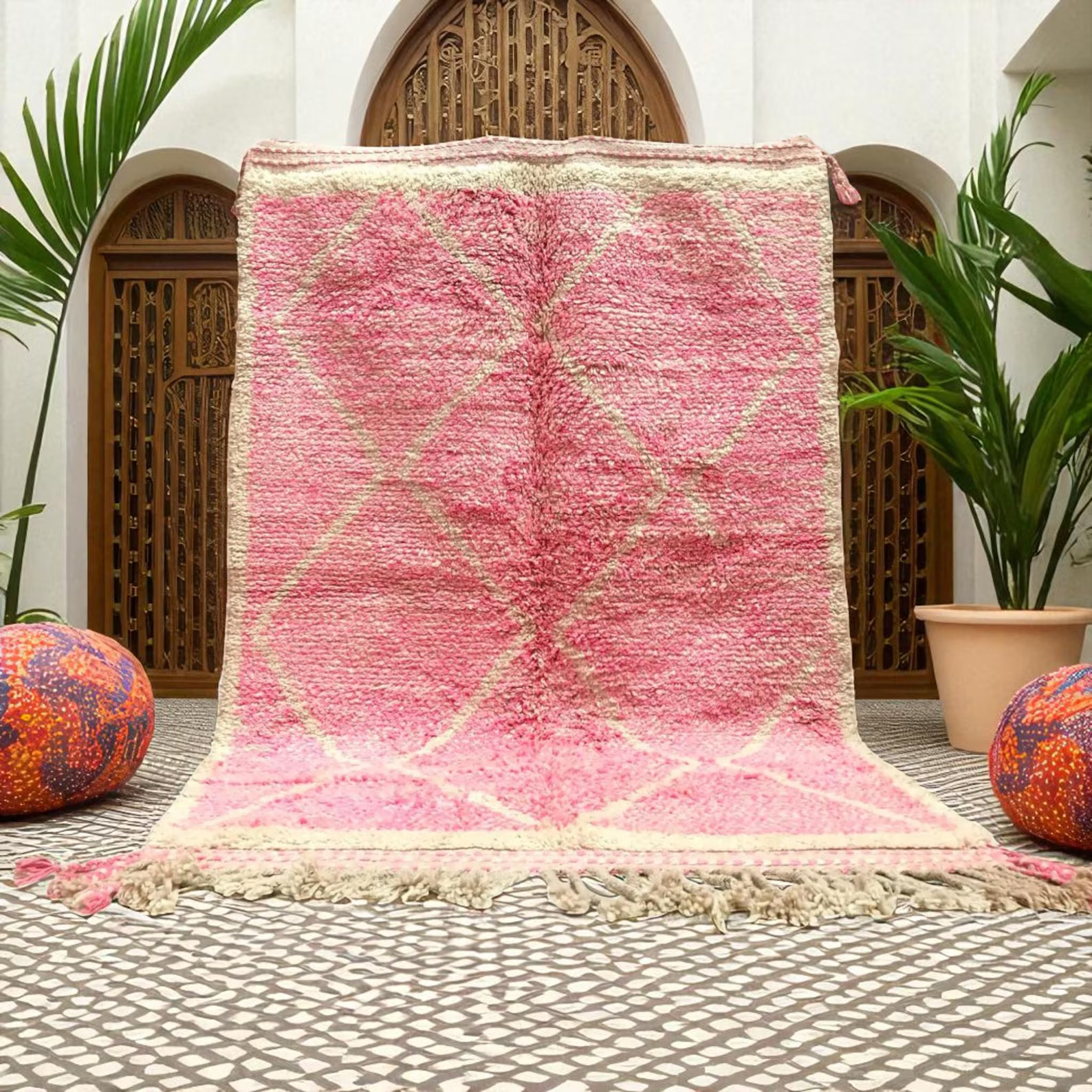 Moroccan Berber Beni Ourain Wool Rug Color Pink Handmade Area Design Carpet Rug