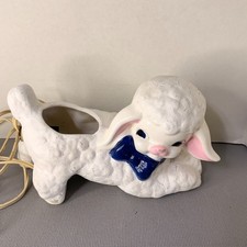 Vintage 1970 J. Ekleberry Ceramic Lamb Night Light Signed Dated Blue Bow