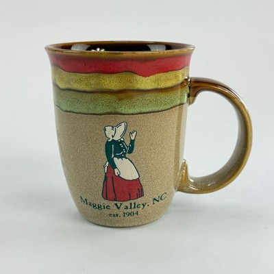 Maggie Valley NC Souvenir Coffee Mug Drip Glaze Stoneware Woman Graphic est 1904