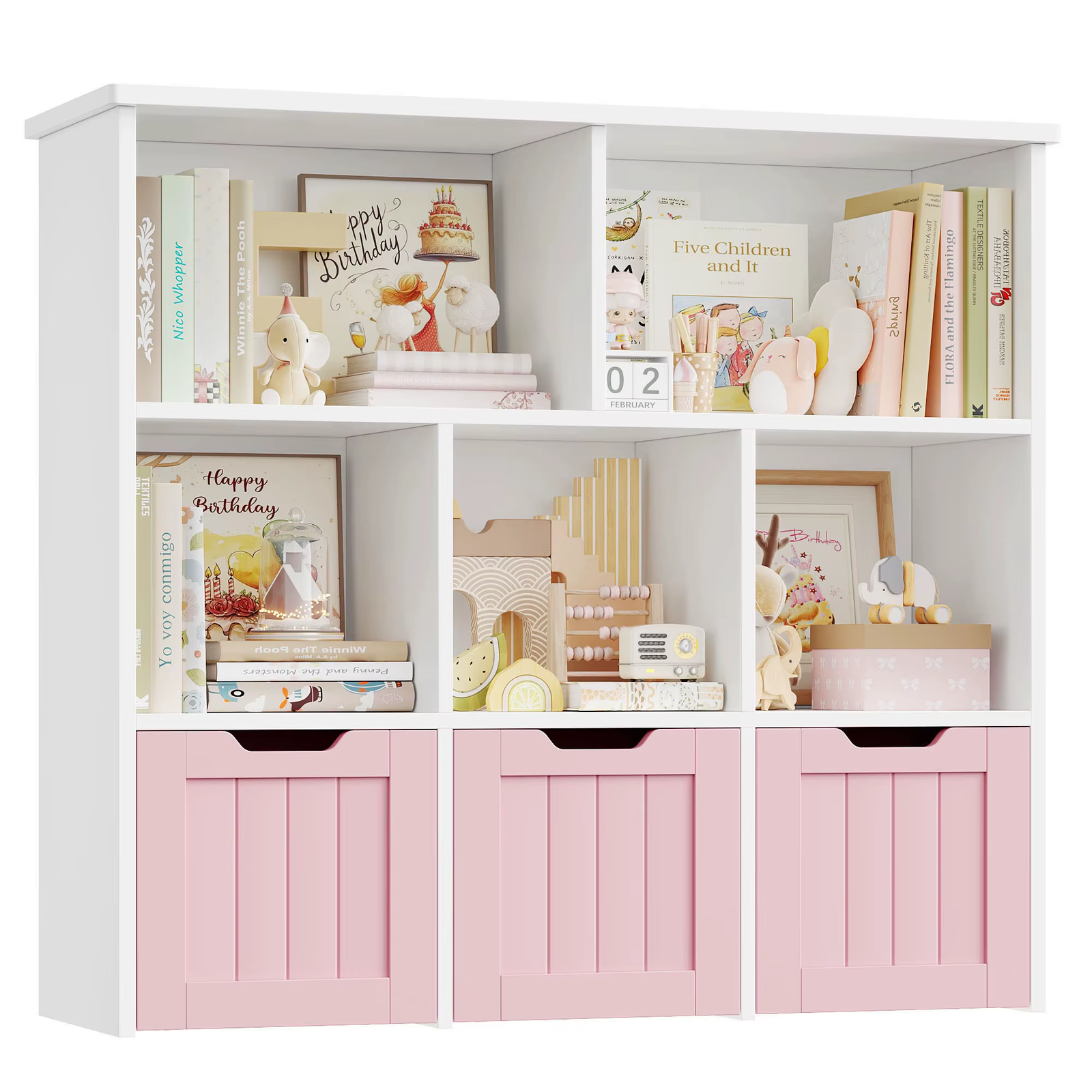 Toy Storage Unit Kids Bookcase 6 Shelf 3 Drawer Rolling Organiser Nursery White