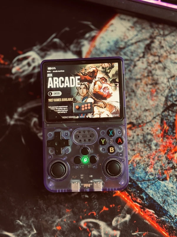 R36S retro handheld console with 128GB card and 3.5 inch IPS screen