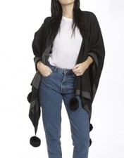 JAYLEY SHAWL. ONE SIZE. BLACK & GREY. CASHMERE SILK MIX. POM POM TRIM