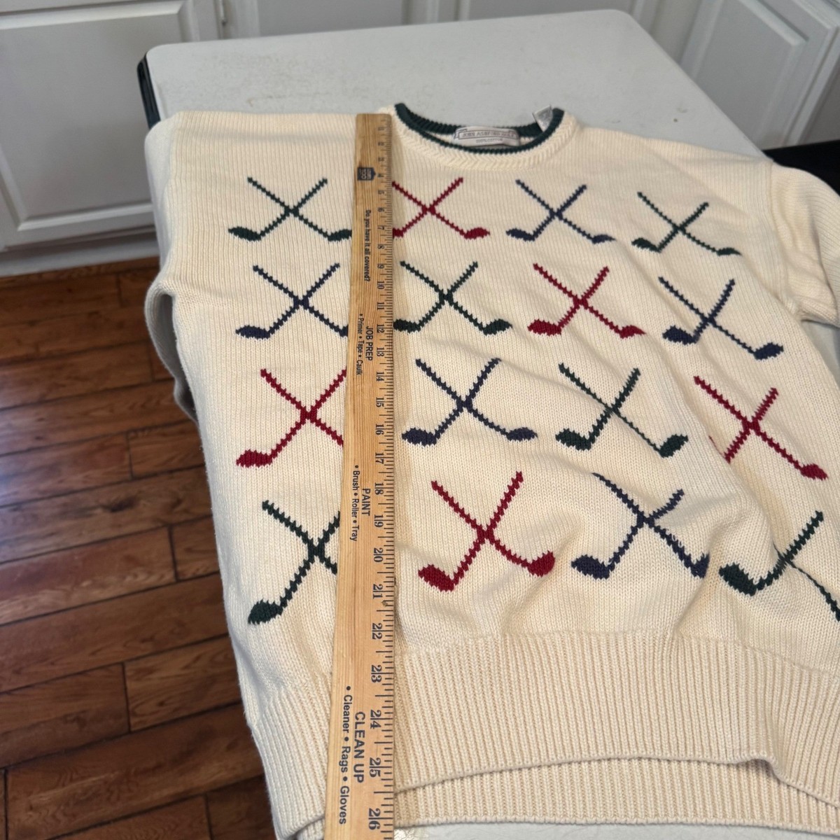 John Ashford Golf Sweater Mens Large Cream Cotton Knit Crossed Clubs Vintage View 5