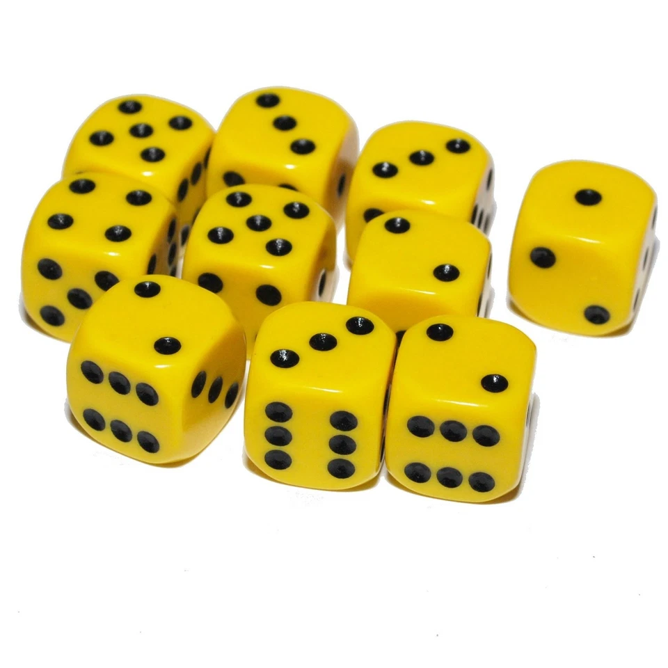 10 Yellow Dice, (six sided), 16mm , D6