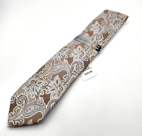 GEOFFREY BEENE Paisley Tie Necktie Tan Blue White 100% Silk 3" Wide New with Tag