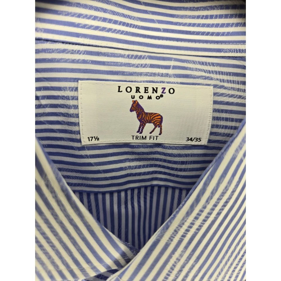 Lorenzo Uomo Blue Striped Trim Fit Dress Shirt Button Down Collar SZ 17.5 34/35 - Image 3 of 4