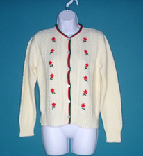 Vtg Acrylic Cardigan Off White Red Green Floral Embroidery Sz 36/38 Austria