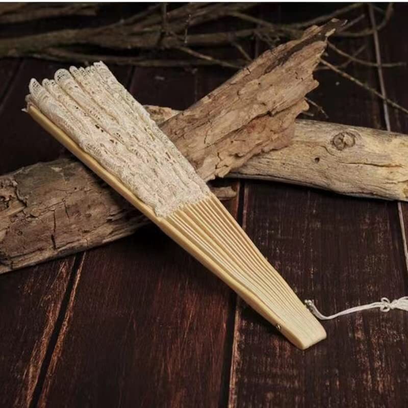 Ventaglio Pieghevole In Pizzo Di Cotone Vintage Con Nappa Di Seta - Fatto A Mano, Beige