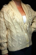 M/L Vtg 90s Mohair Blend SWEATER Fringed Hand Knit Express Fuzzy Cardigan Cream