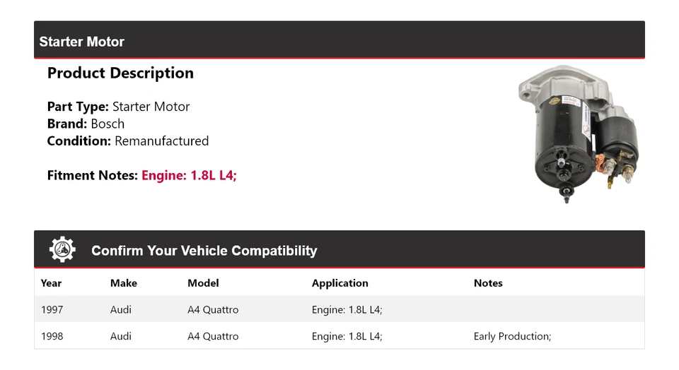 Arranque Bosch para Audi A4 Quattro 1997-1998 1,8 L L4 (remanufacturado) Foto 2 de 4