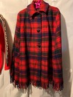 Vintage 60's 70s Mod Wool Cape Tartan Red Blue Green Plaid Fringe (One Size)