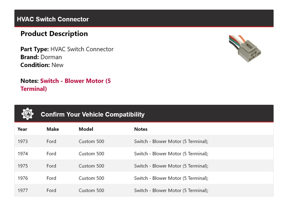 Conector interruptor HVAC Ford Custom 500 Dorman 1973-1977 1974 1975 1976 Foto 2 de 4