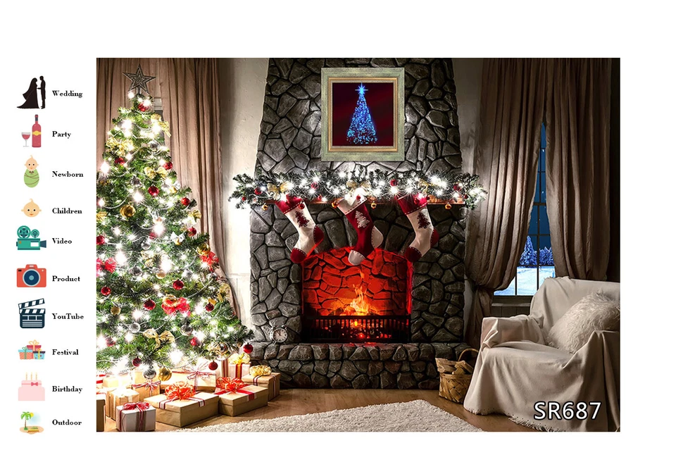 10x8ft Living Room Xmas Tree Fireplace Garland Photo Background Vinyl Backdrop - Image 2 of 4