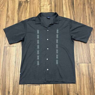 Vintage 90s Interstate USA Made Polyster Grey Heavy Short Sleeve ButtonUp Size L