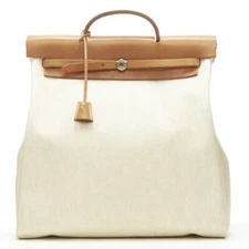 HERMES Herbag MM beige Toile coated canvas brown leather PHW 2-in-1 bag