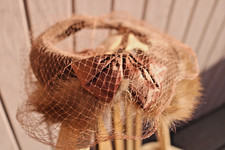 Vintage Mink Fur Pillbox Hat Open Crown Brown Bow Mesh Veil 1960s