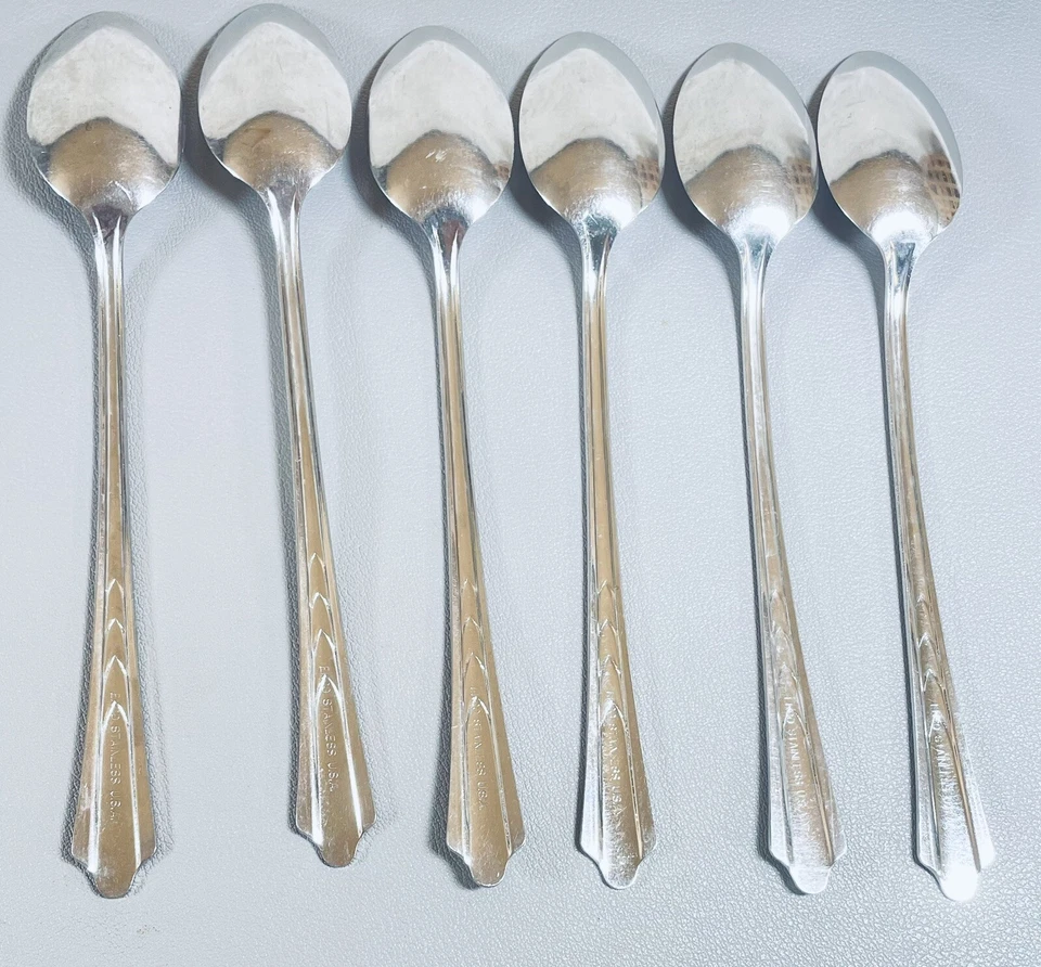 JUEGO DE 6 CUCHARAS DE TÉ HELADAS DE ACERO INOXIDABLE EKCO EE. UU. PATRÓN CHEVRON MANGO Foto 2 de 4