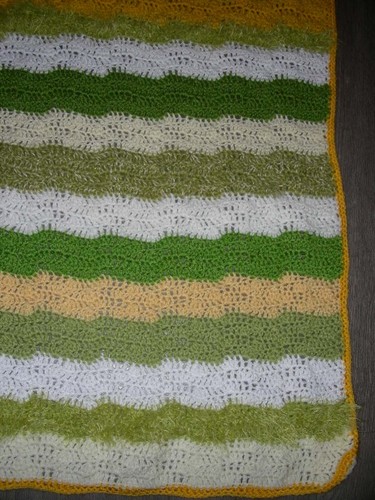 vintage hand made crochet wavy stripe green yellow white blanket