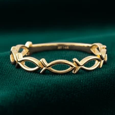 14K Real Solid Yellow Gold Dainty Ichthus Fish Minimalist Religious Band Ring