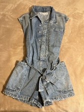 NWOT ZARA Girls 13-14 Blue Distressed Denim Shorts Jumpsuits Romper Snap Pockets