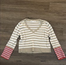 Veronica Beard Sweater Womens M Florrie Stripe Contrast Cuff Linen V Pullover
