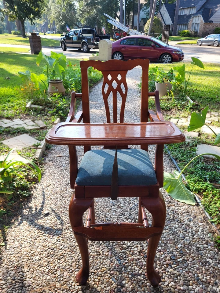 老式木制儿童高脚椅带绿色织物座椅复古 — 第 2/4 张图片