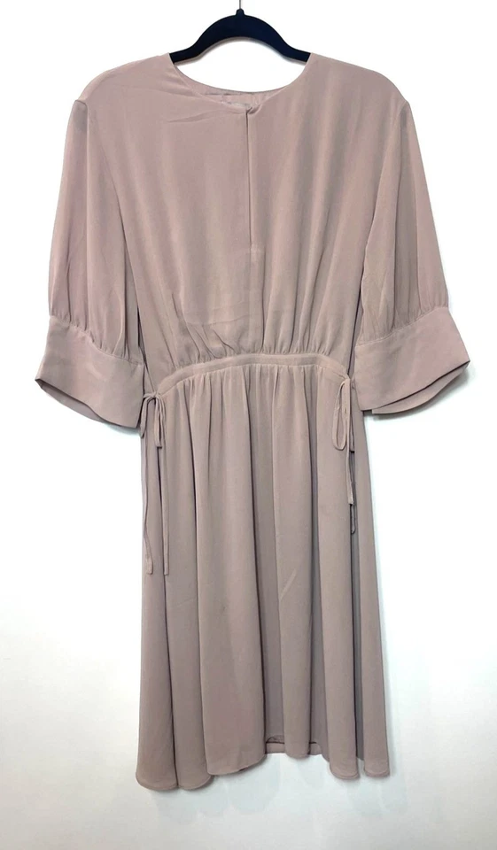 H&M Chiffon Drawstring Waist Dress Powder Beige M Knee-Length Short Wide Sleeves - Image 2 of 4