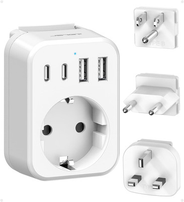 JSVER Universal Travel Adapter 4 USB Ports 2 USB-C Plug USA UK EU