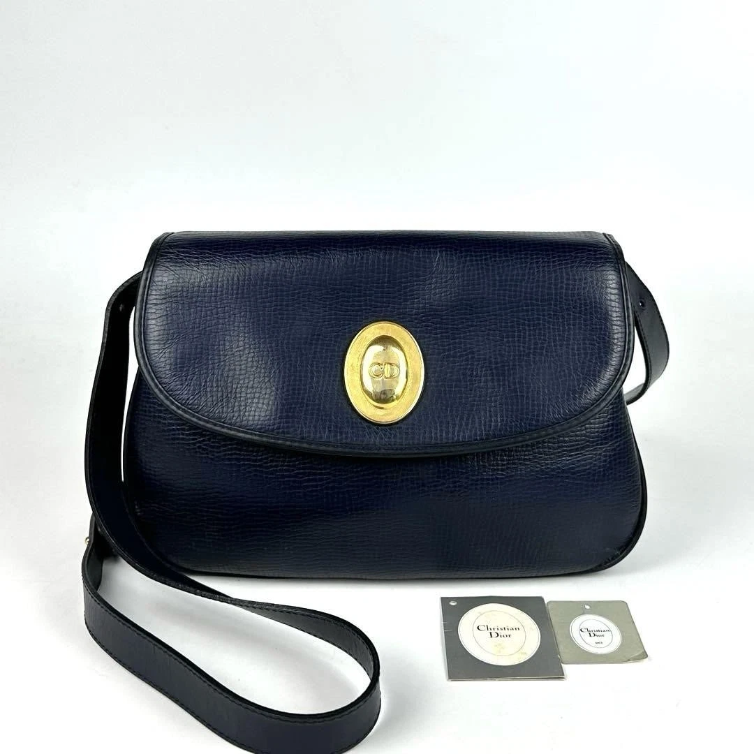 Christian Dior Sac Bandoulière 2 Voies CD Métal Ferrures Ovale Cuir Bleu Marine