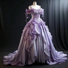 Elegant Floral Victorian Prom Dresses Off Shoulder Lavender Satin Evening Gowns