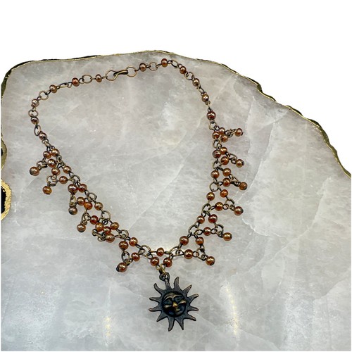 Vintage Antique Gold Tone Chain And Sun Pendant W/Amber Colored Beads Choker 14”