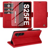 HandyhüLle PU Leder Wallet Flip Case Rot Mit Schutzfolie FüR Galaxy S25 FE 5G