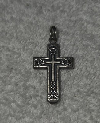 Vintage Silver Tone Fleur-de-Lis Cross Pendant Religious Charm Antique Style