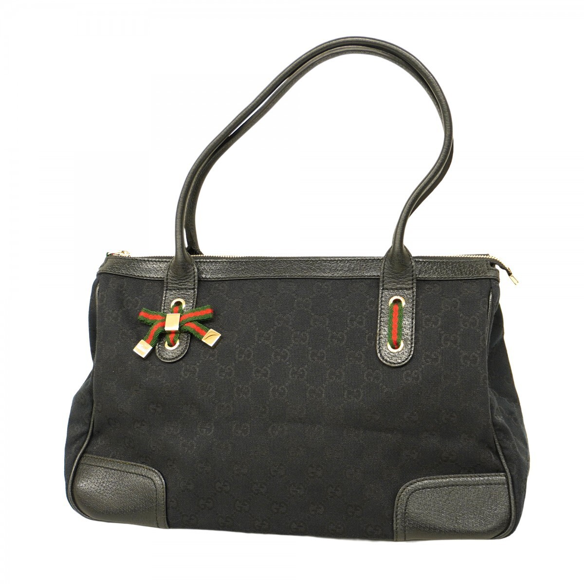 GUCCI GG Canvas Sherry Line Tote Bag in Black with Champagne Gold Hardware