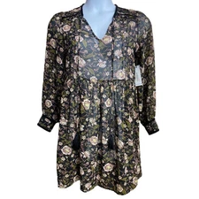 NWT DEX black floral long sleeve sheer dress with velour trim and tassels Small