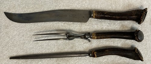 Antique Late 1800’s E.M. Dickinson 3PC Stag Antler Carving Set