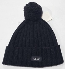 New tag Mens UGG Australia Black Rib Pom Wool Blend Winter Hat Beanie One Size