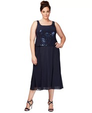 Alex Evenings Plus Size Sequined Chiffon Dress-Navy-14W