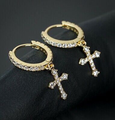 Gold-plated Sterling Silver Huggie Hoop Earrings with Dangle Cross Gold-plated Sterling Silver Huggie Hoop Earrings with Dangle Cross