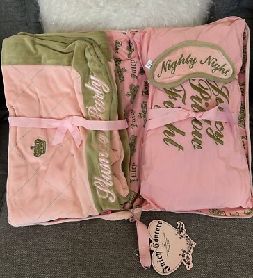 JUICY COUTURE ジューシークチュール ブランケット アイマスクセット NWT RARE Juicy Couture Slumber Party Velour Pink Green Blanket