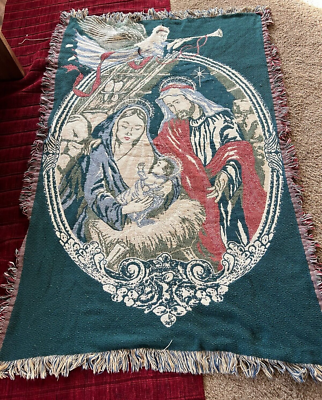 Vintage CHRISTMAS NATIVITY TAPESTRY BLANKET~Jesus*Mary*Angel  Vtg Nativity Scene Tapestry Blanket Mary Joseph Jesus Religious Christian 54x46 main image 0