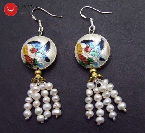 4-5mm Round Natural White Pearl Earring Women 18mm Blue Cloisonne Dangle Earring - Picture 28 of 28