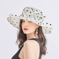 NEW Kentucky Derby Wide Brim Mesh Foldable Hat Women Polka Dot Church Party Cap