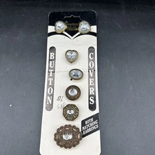 Vtg Button Cover Set 7 Brass Geo Crystal Heart Metal Earrings Amanda Miller USA