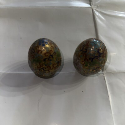 2 Vintage Cloisonne Egg Gold w/ Jewel Tones Floral 2 1/2'' EASTER DECOR