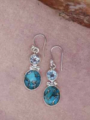 Blau Kupfer, Blau Topas Edelstein 925 Sterling Silber Handgemacht Ohrring Ag-118 - Bild 1 von 4